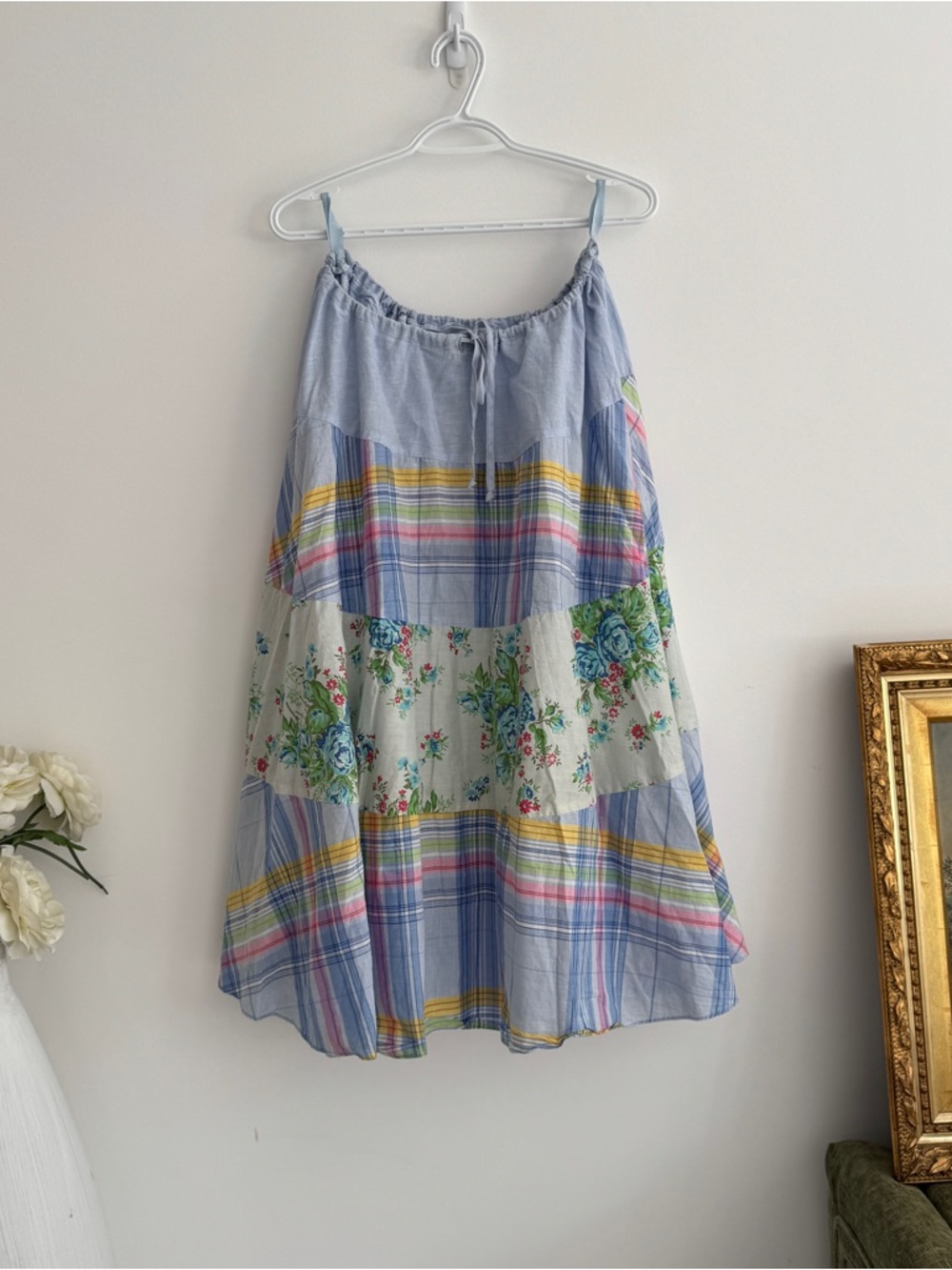 Vintage Cottagecore Patchwork Skirt | Floral Plaid Tiered Midi Skirt Summer